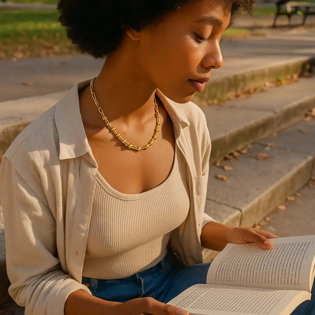 Woman reading a book outdoors on a sunny day