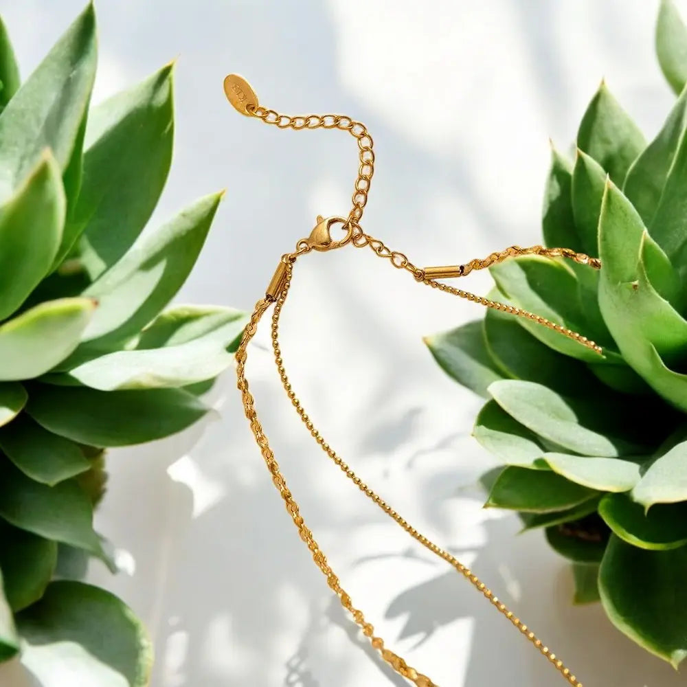 Gold chain necklace with a plant in the background