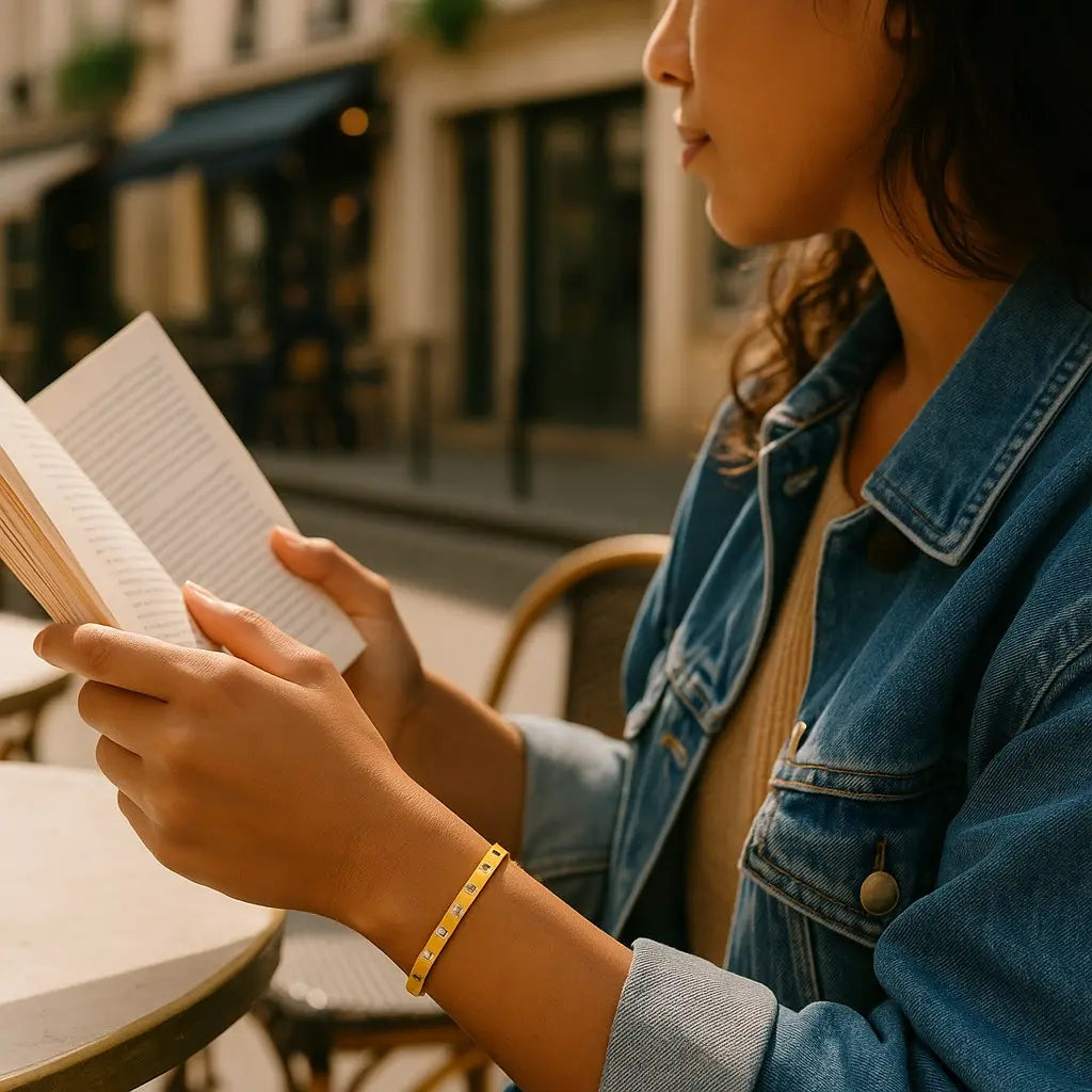 Person reading a book outdoors in an urban setting