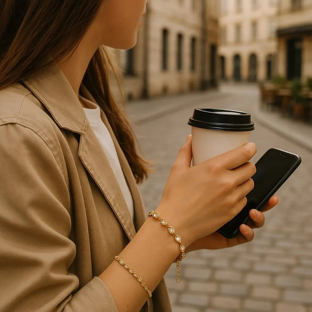 Woman holding a coffee cup and phone on a city street