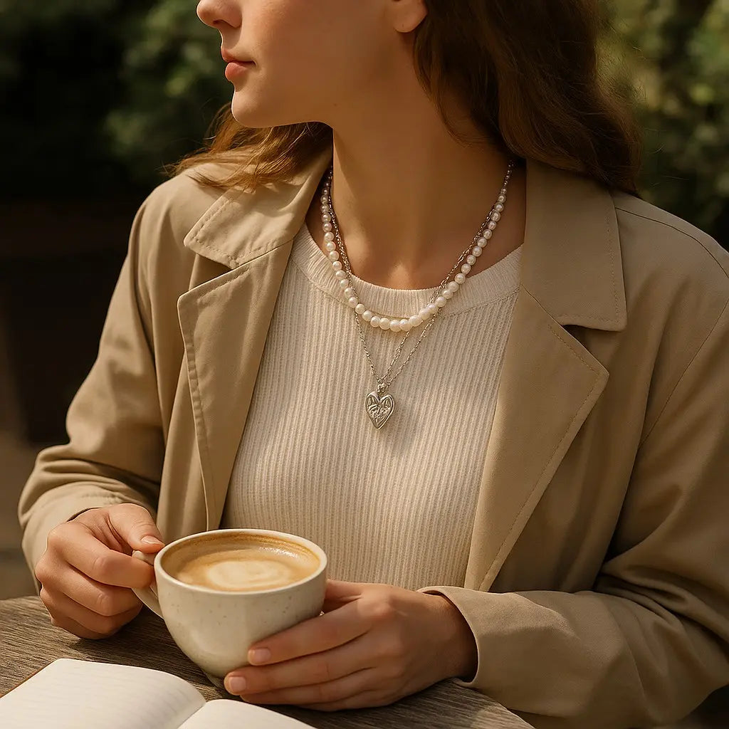 Woman holding a cup of coffee outdoors, wearing a beige coat and pearl necklace.