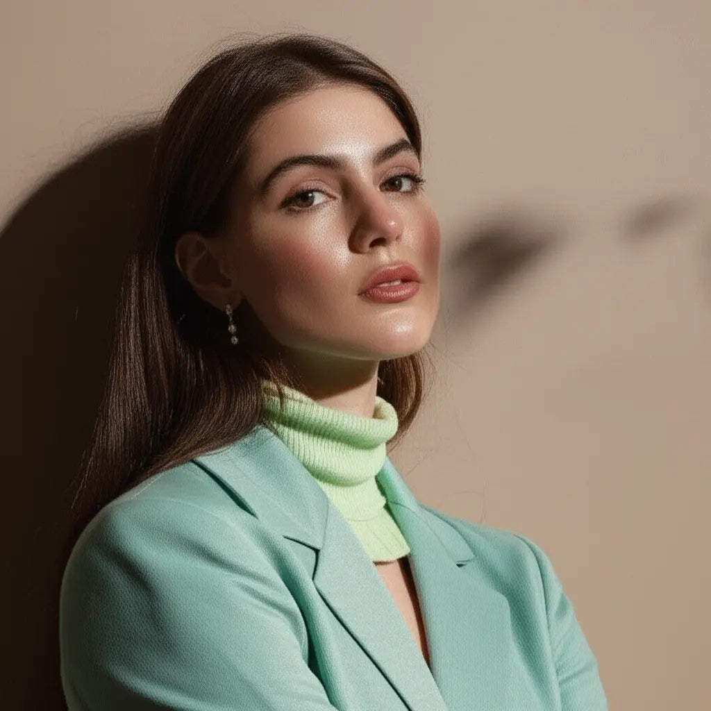 Woman wearing a light green blazer and a matching turtleneck against a beige background