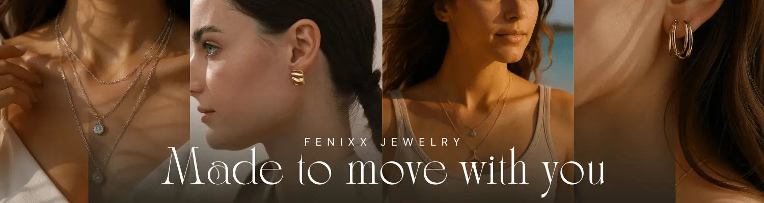 Fenixx Jewelry advertisement featuring earrings and necklaces with a model wearing them.