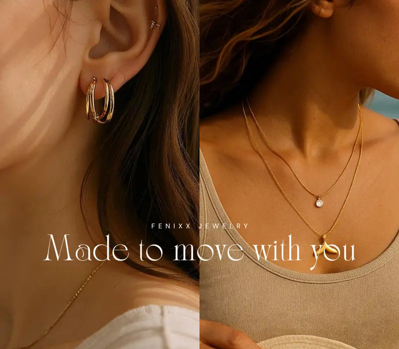 Close-up of a woman wearing gold hoop earrings and necklaces with 'FENIXX JEWELRY' branding.