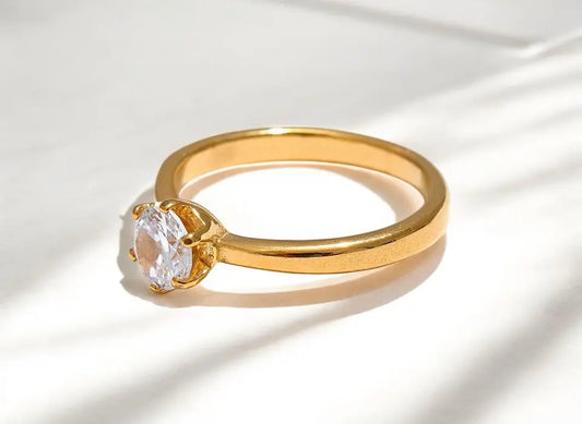 Gold ring with a diamond on a white background