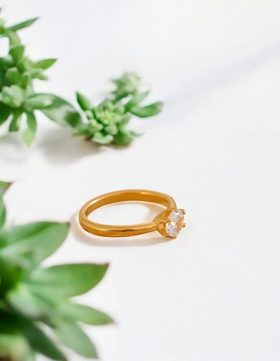 Gold ring with a diamond on a white background with green plants