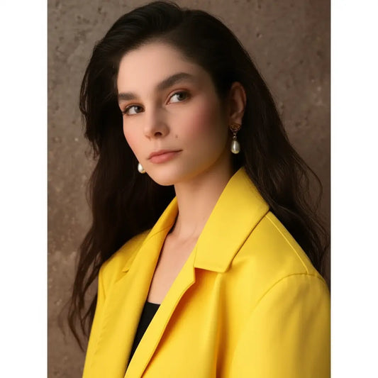 Woman wearing a yellow blazer against a brown background