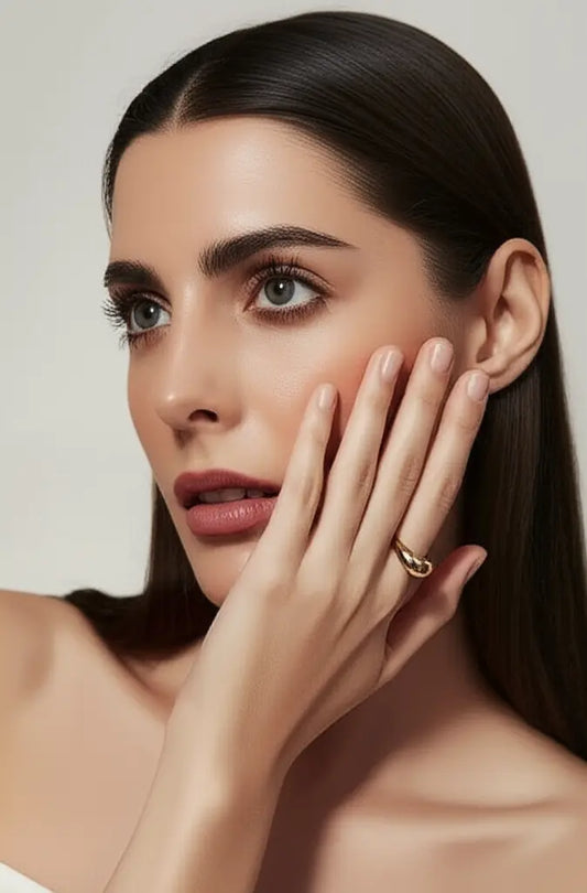 Woman with hand on face, wearing a gold ring, against a neutral background