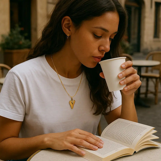 Woman reading a book and drinking from a cup outdoors.
