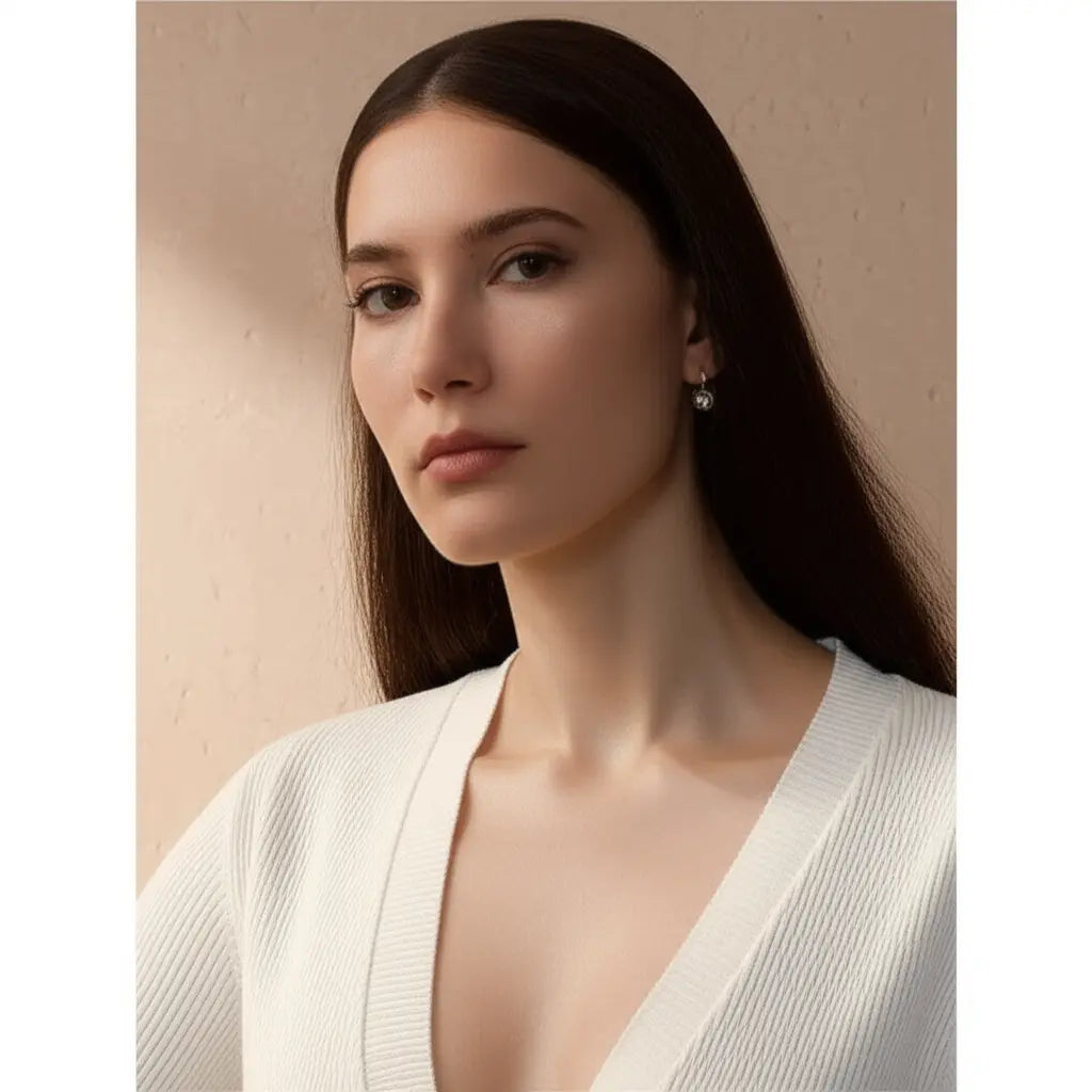 Woman wearing a white top against a beige background