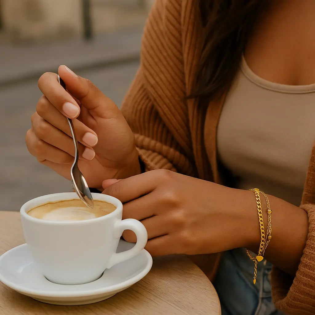Person stirring a cup of coffee with a spoon on a wooden table.