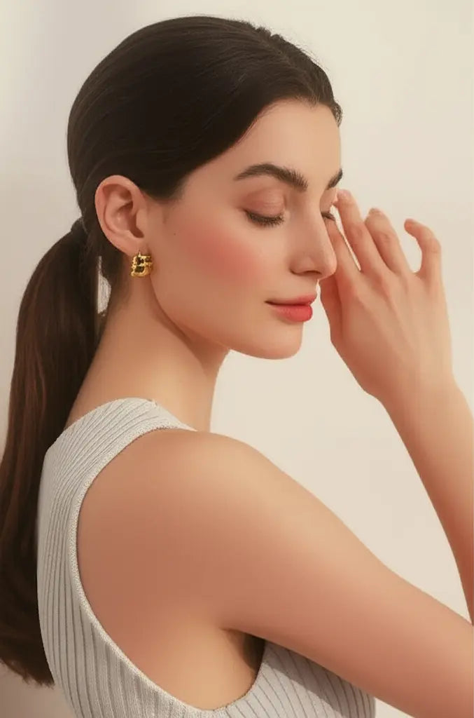 Woman applying makeup with a neutral background