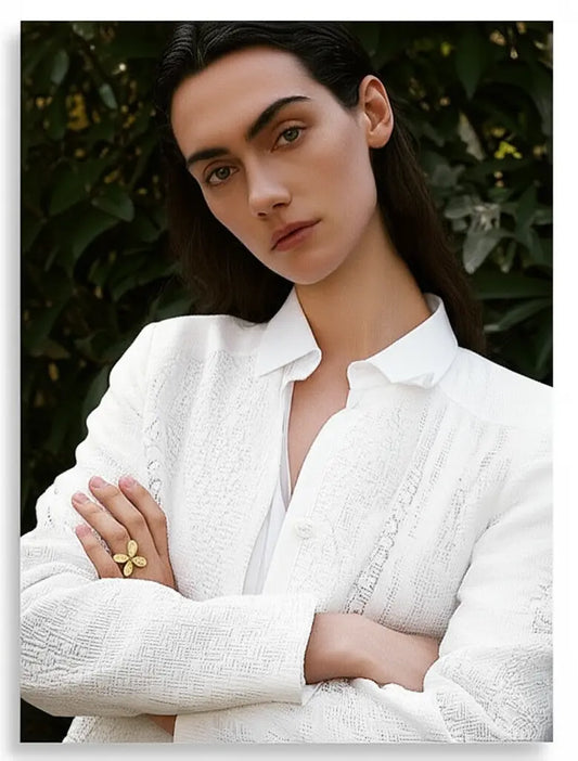 Woman wearing a white textured shirt with a blurred green background