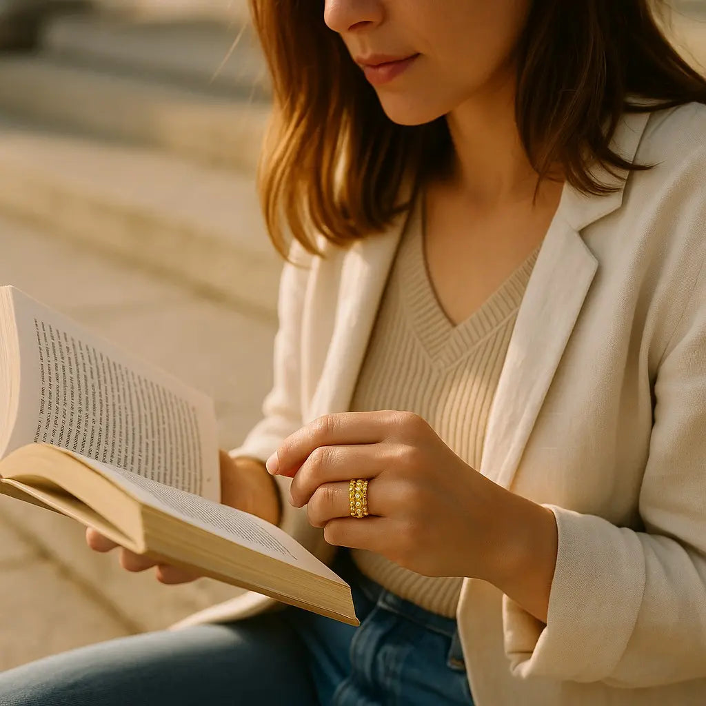 Person reading a book outdoors with a warm, soft focus background