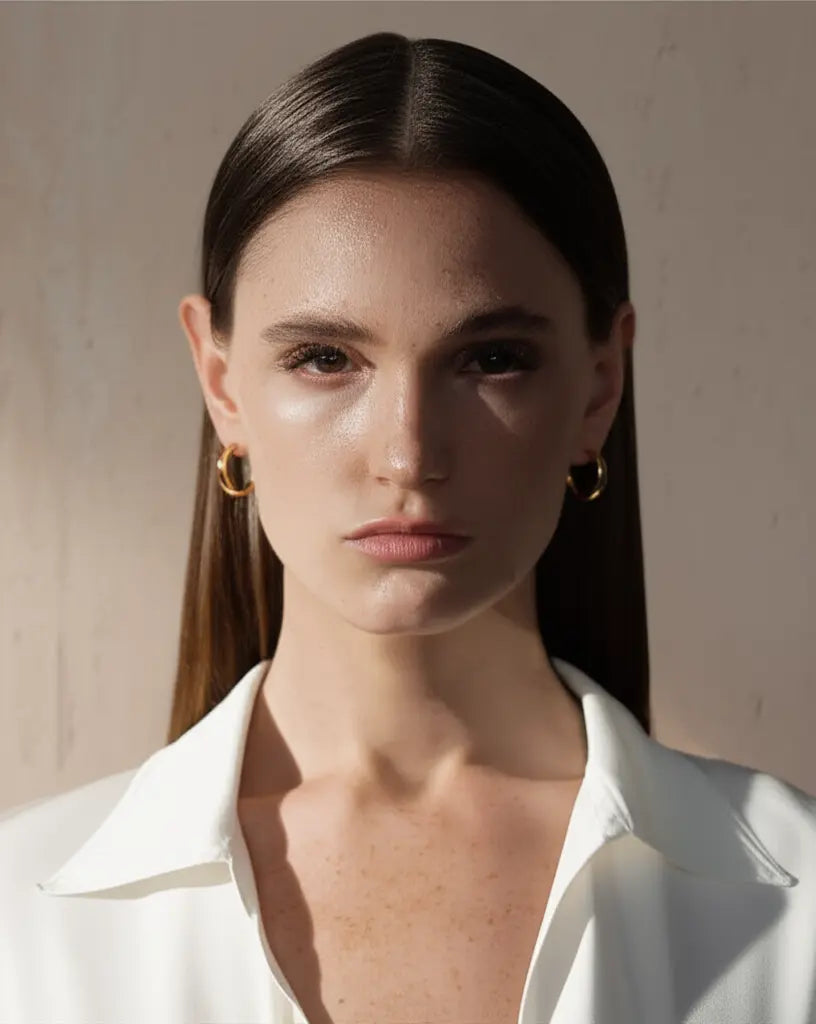 Woman wearing gold hoop earrings against a neutral background