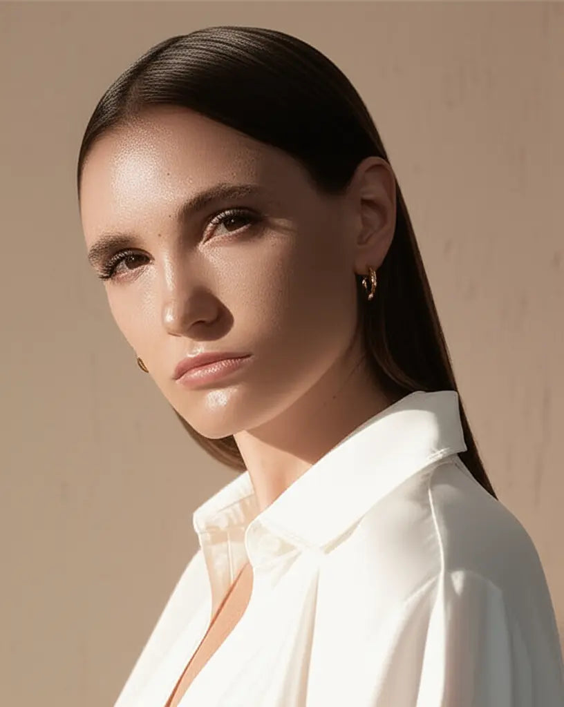 Woman wearing a white shirt against a beige background