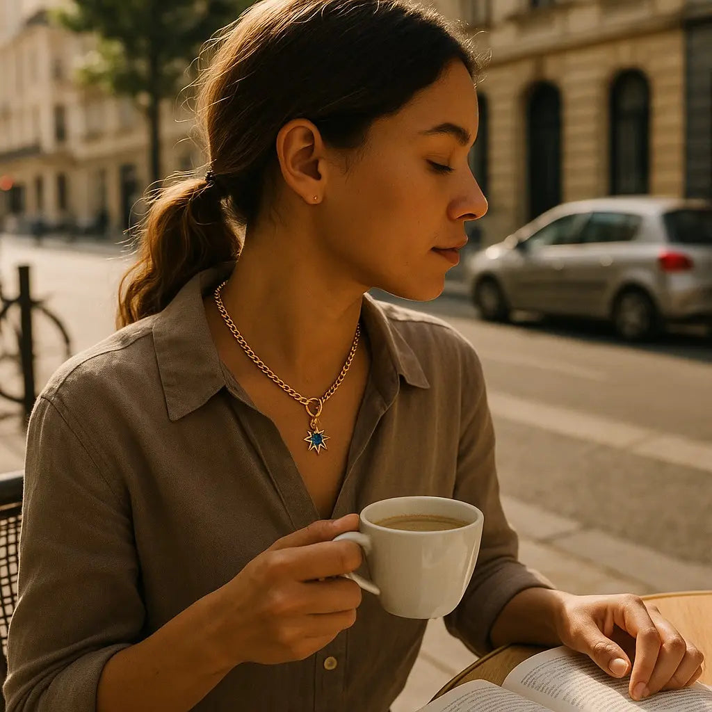 Woman holding a coffee cup and reading a book on a city street.