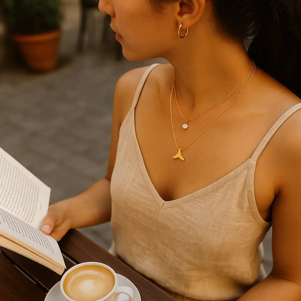 Woman reading a book with a cup of coffee, wearing gold necklaces.
