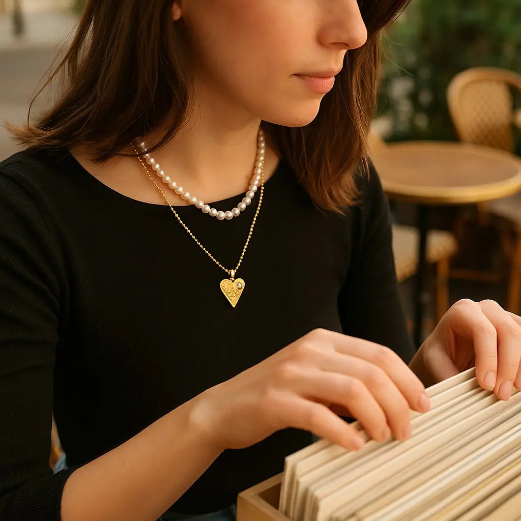 Woman wearing a pearl necklace and gold heart pendant, sitting outdoors.