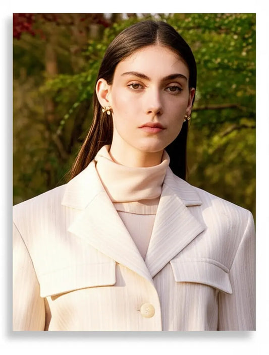 Woman wearing a light-colored coat and turtleneck against a blurred natural background