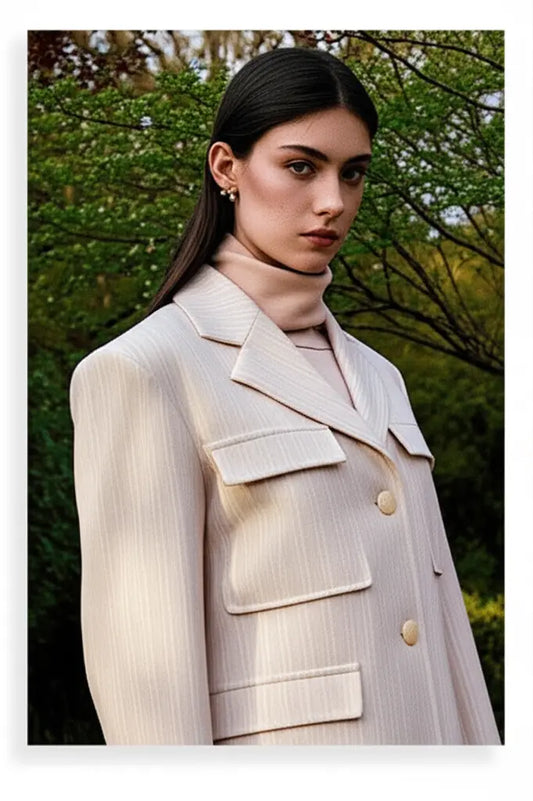 Woman wearing a light-colored coat with a blurred natural background