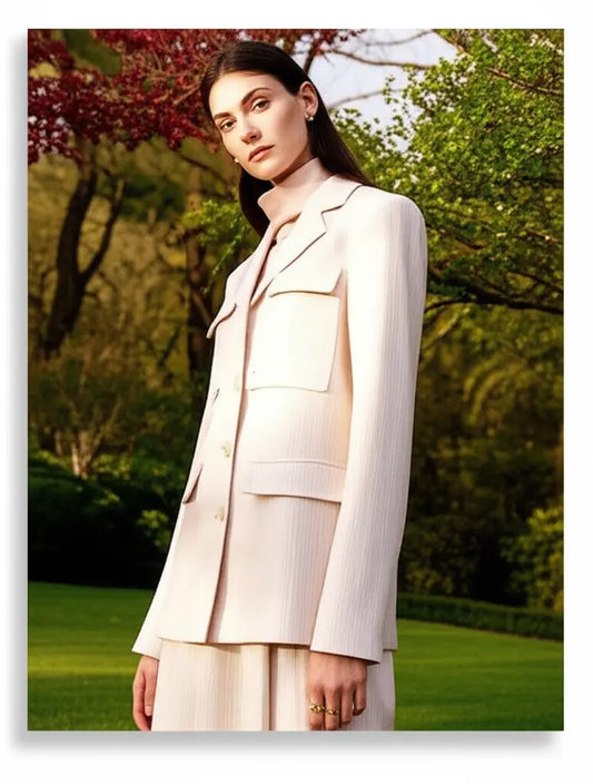 Woman in a beige suit standing outdoors with greenery in the background