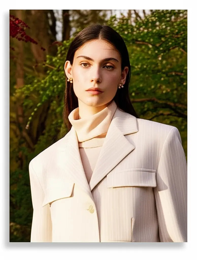Woman wearing a light-colored coat and sweater outdoors with greenery in the background