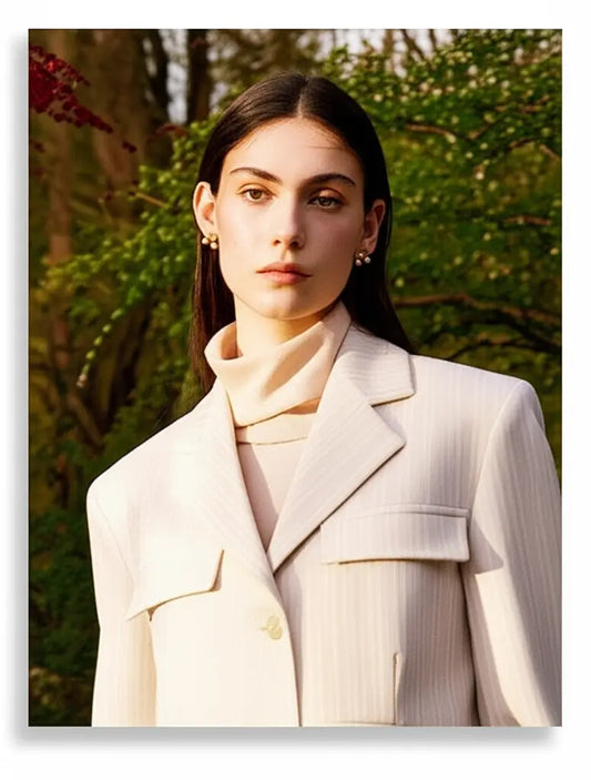 Woman wearing a light-colored coat and sweater outdoors with greenery in the background