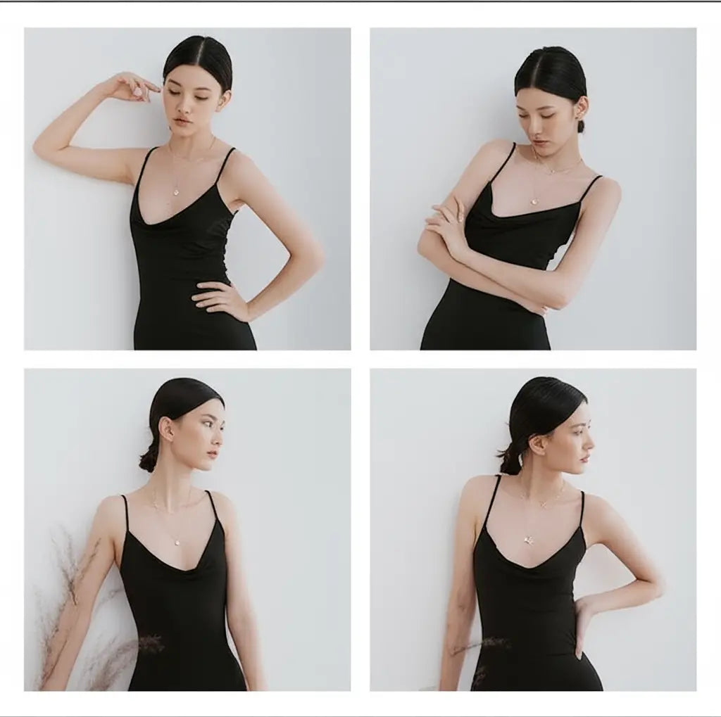 Four quadrants showing a woman wearing a black tank top against a white background