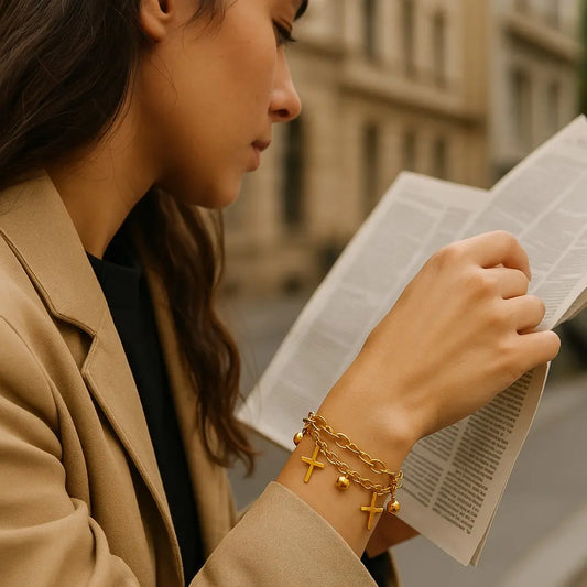 Woman reading a book with a cityscape in the background