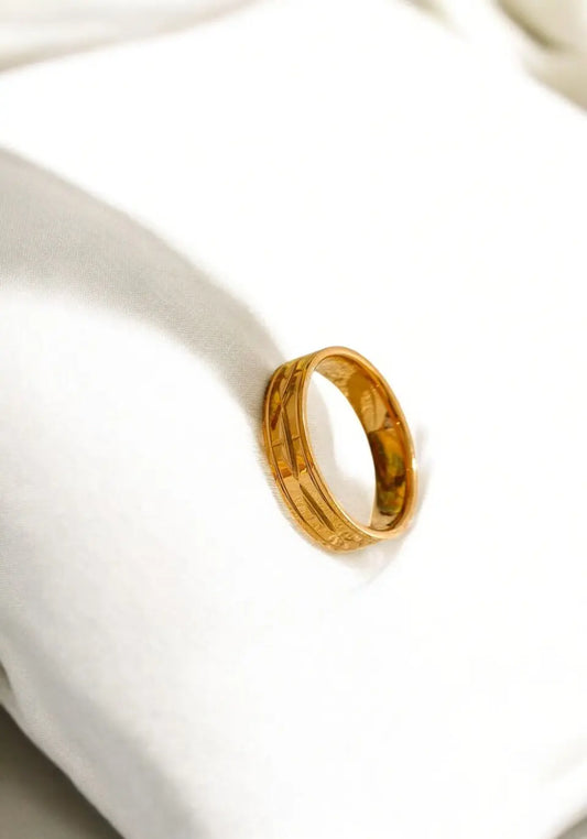 Gold ring on a white ceramic plate