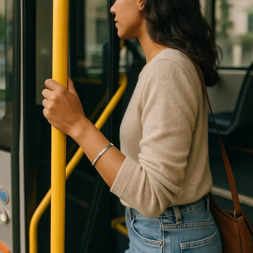 Person holding a yellow pole on a bus, wearing a beige sweater and blue jeans.