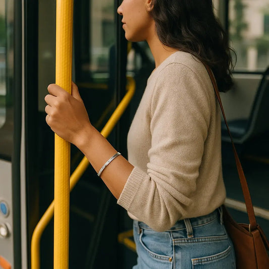 Person holding a yellow pole on a bus, wearing a beige sweater and blue jeans.