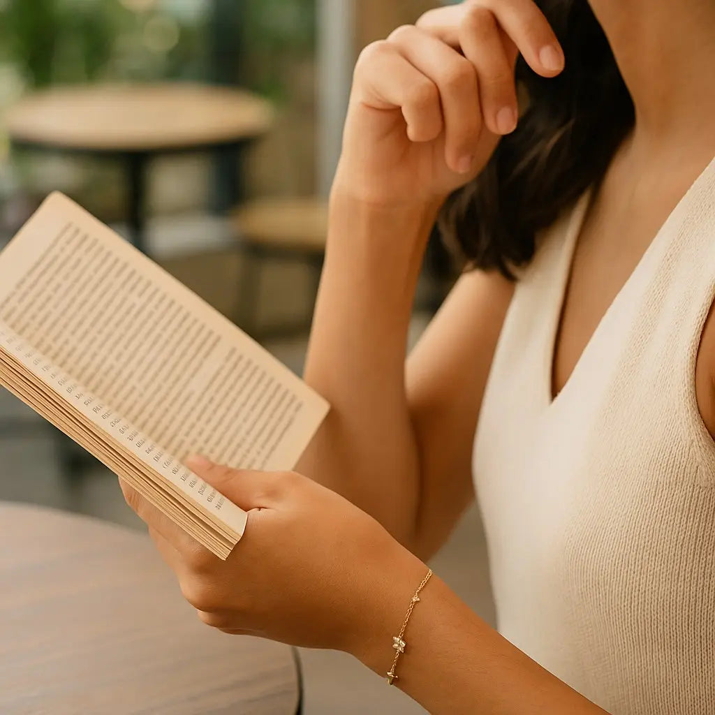 Woman holding a book with a blurred indoor background