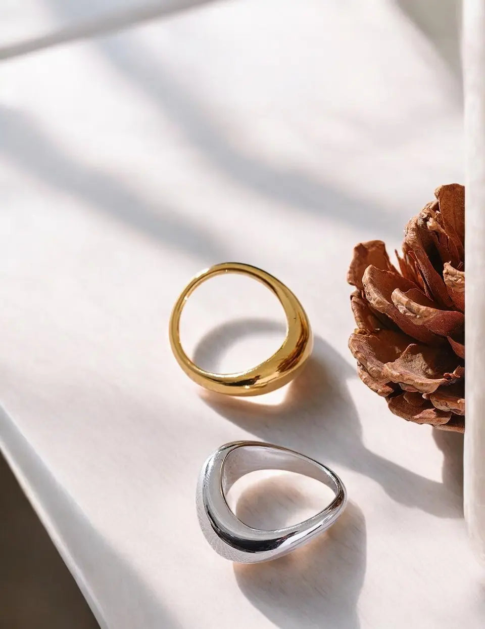 Two rings, one gold and one silver, on a light surface with a pine cone.