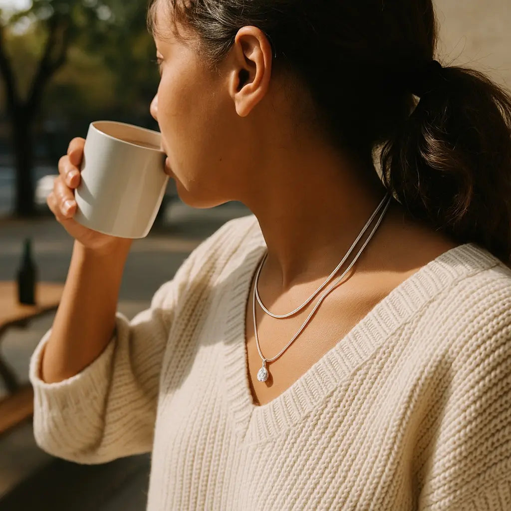 Woman drinking from a mug outdoors, wearing a beige sweater and necklace.