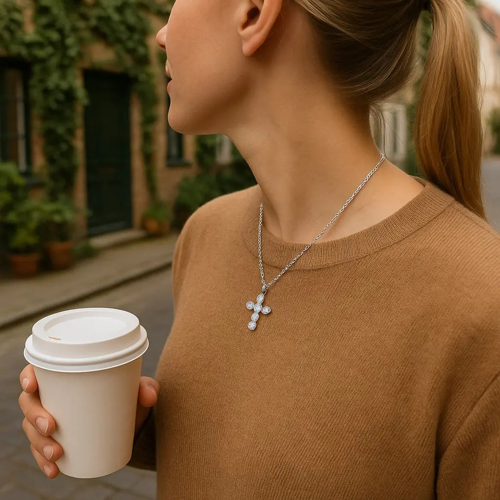 Woman holding a coffee cup with a necklace featuring a cross pendant.