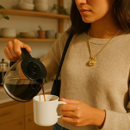 Person pouring coffee from a carafe into a white mug in a kitchen setting.