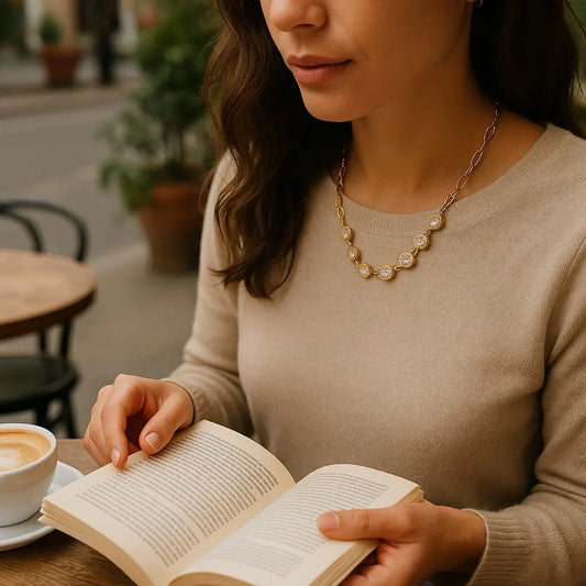Woman reading a book with a cup of coffee in a cozy setting