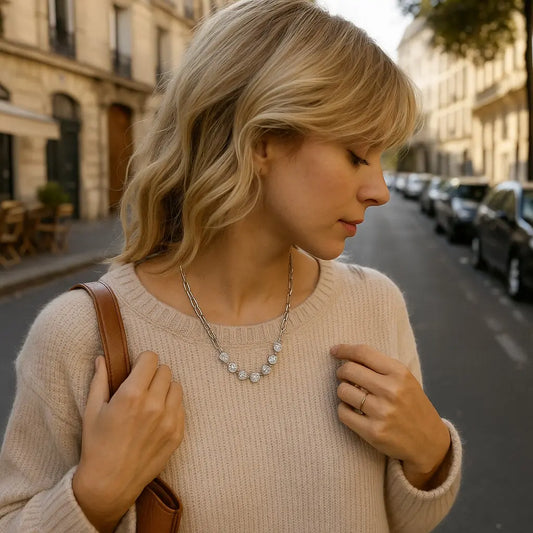 Woman walking down a street wearing a beige sweater and carrying a brown bag.