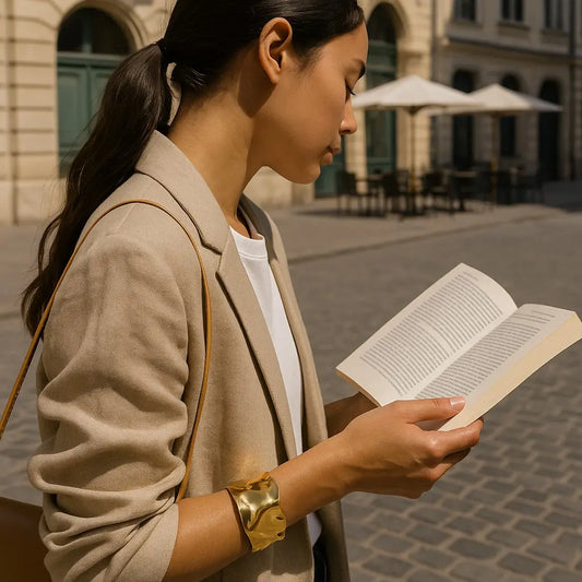 Woman reading a book in an urban setting with buildings and tables in the background