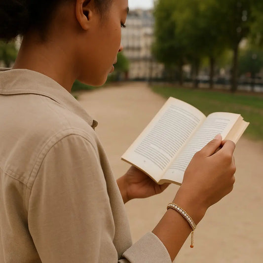 Person reading a book in an outdoor setting with blurred background