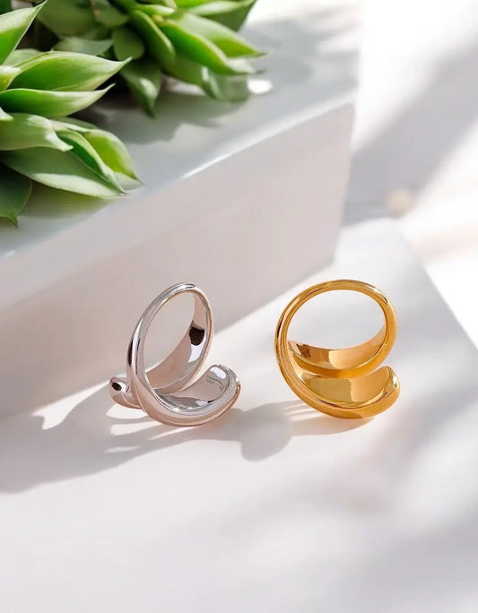 Two rings, one silver and one gold, on a light surface with green leaves in the background.