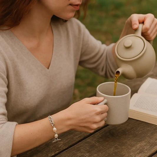 Person pouring tea from a teapot into a mug outdoors