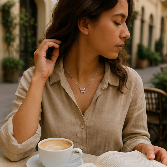 Woman reading a book with a cup of coffee in an outdoor setting