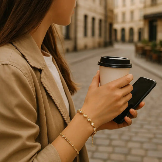 Woman holding a coffee cup and phone on a city street