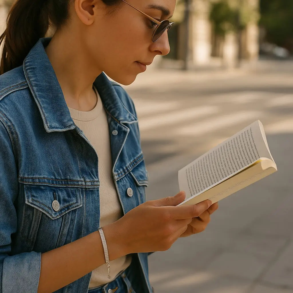 Woman in denim jacket reading a book outdoors