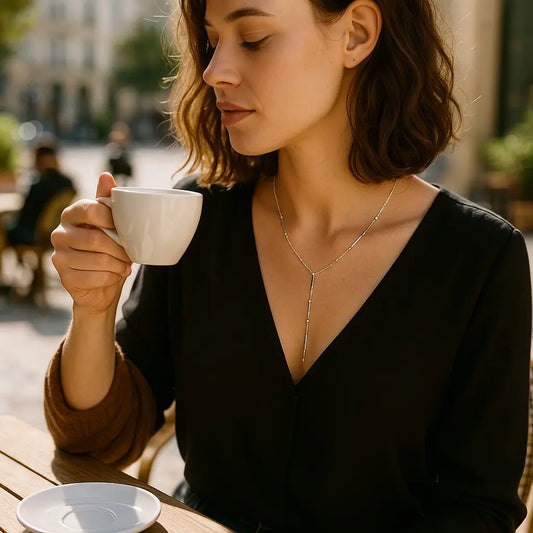Woman holding a white cup outdoors with a blurred background