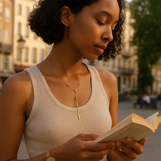 Woman reading a book in an urban setting