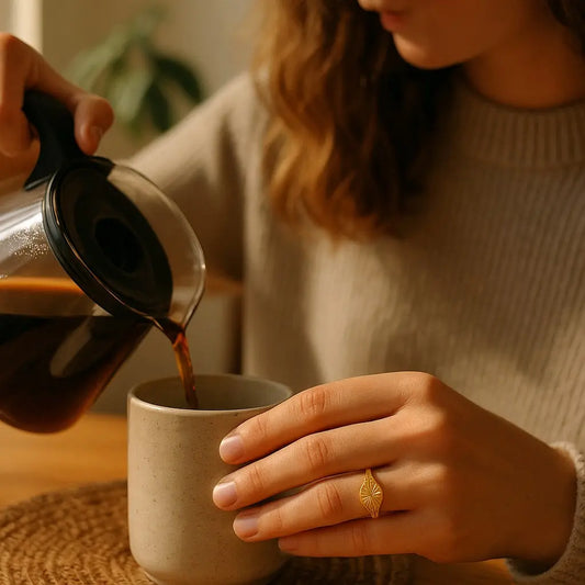 Person pouring coffee from a French press into a mug with a warm indoor setting.